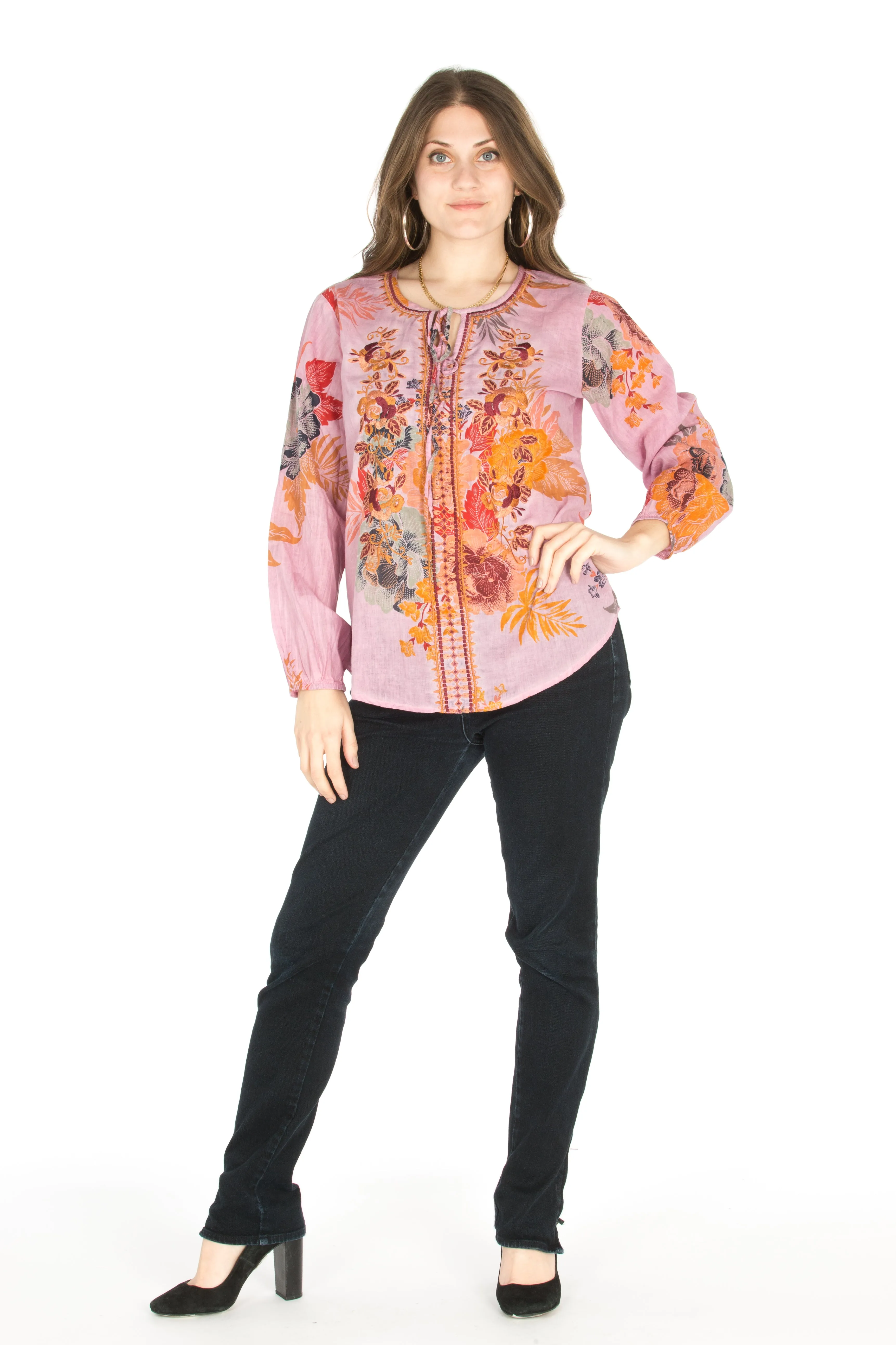 Floral Boho Top with Draw Strings and Embroidery