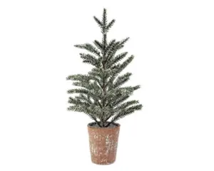 Frosted artificial wintry pine tree in pot