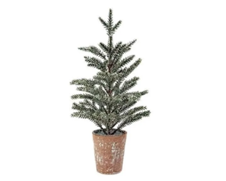 Frosted artificial wintry pine tree in pot