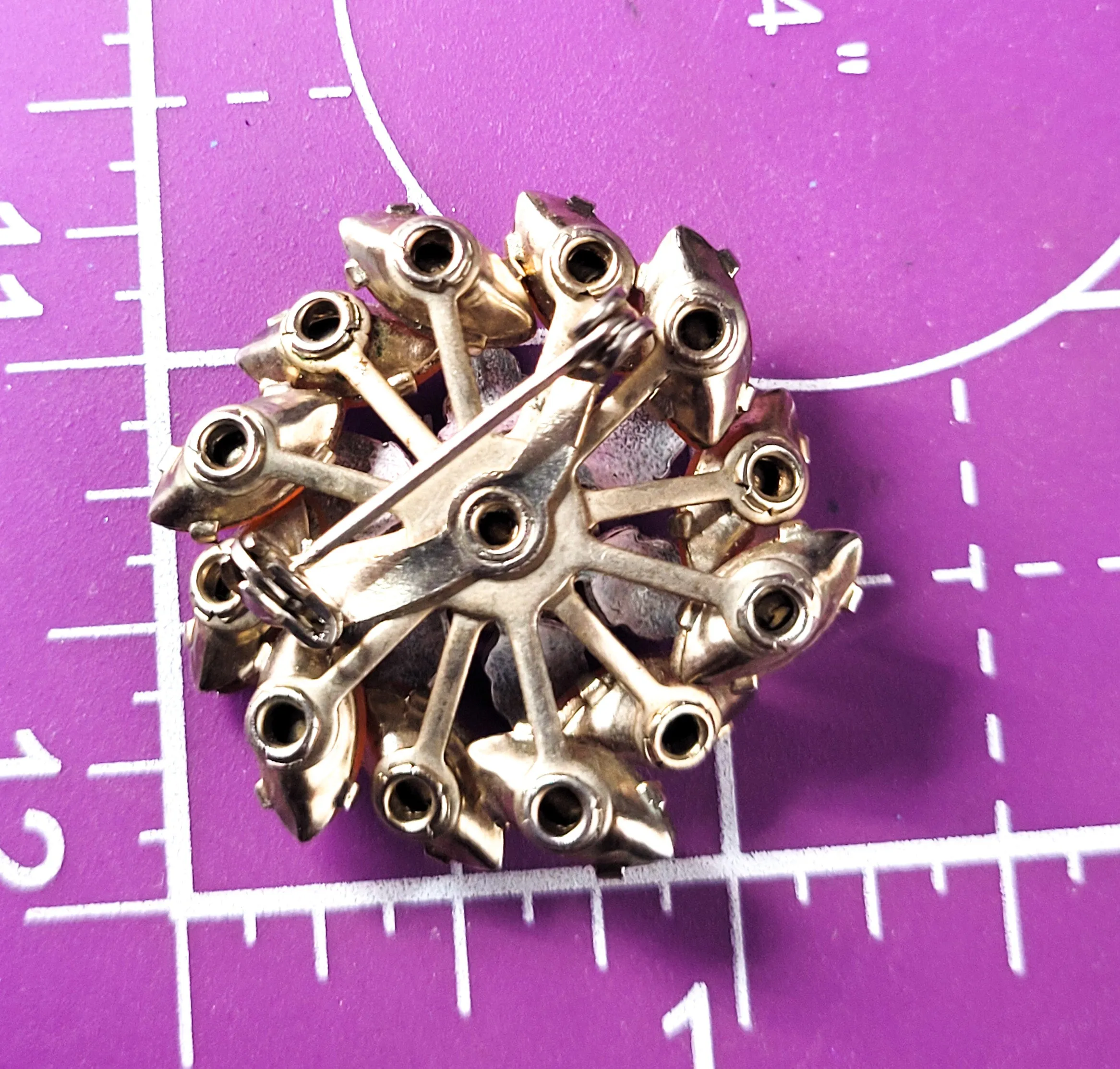 Frosted Orange Navette pink enamel flower atomic scatter brooch mid century