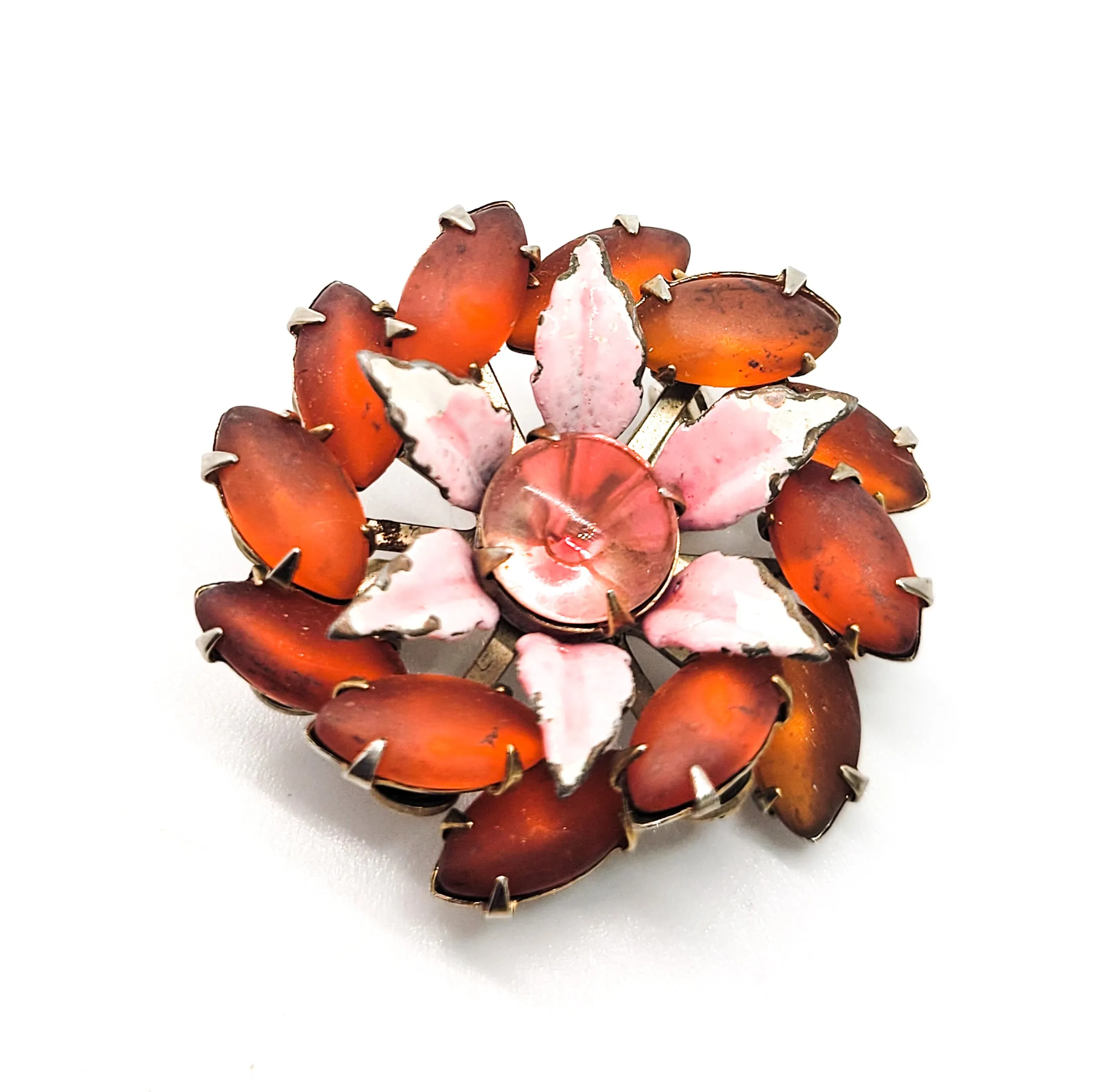Frosted Orange Navette pink enamel flower atomic scatter brooch mid century