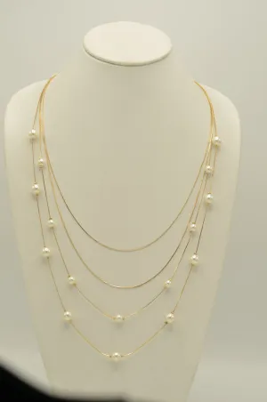 Gold And Cream Pearl Four Row Layer Necklace And Earrings Set #SQWS091251G (HE18)