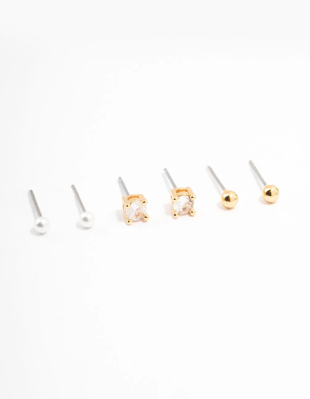Gold Plated Cubic Zirconia Pearl Ball Stud Earrings 3-Pack