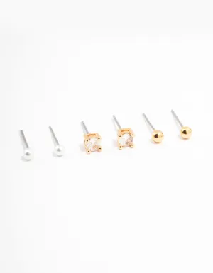 Gold Plated Cubic Zirconia Pearl Ball Stud Earrings 3-Pack