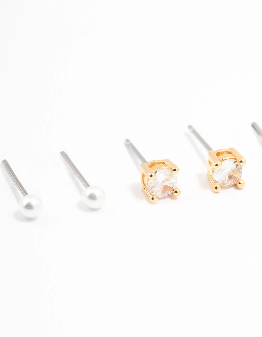 Gold Plated Cubic Zirconia Pearl Ball Stud Earrings 3-Pack