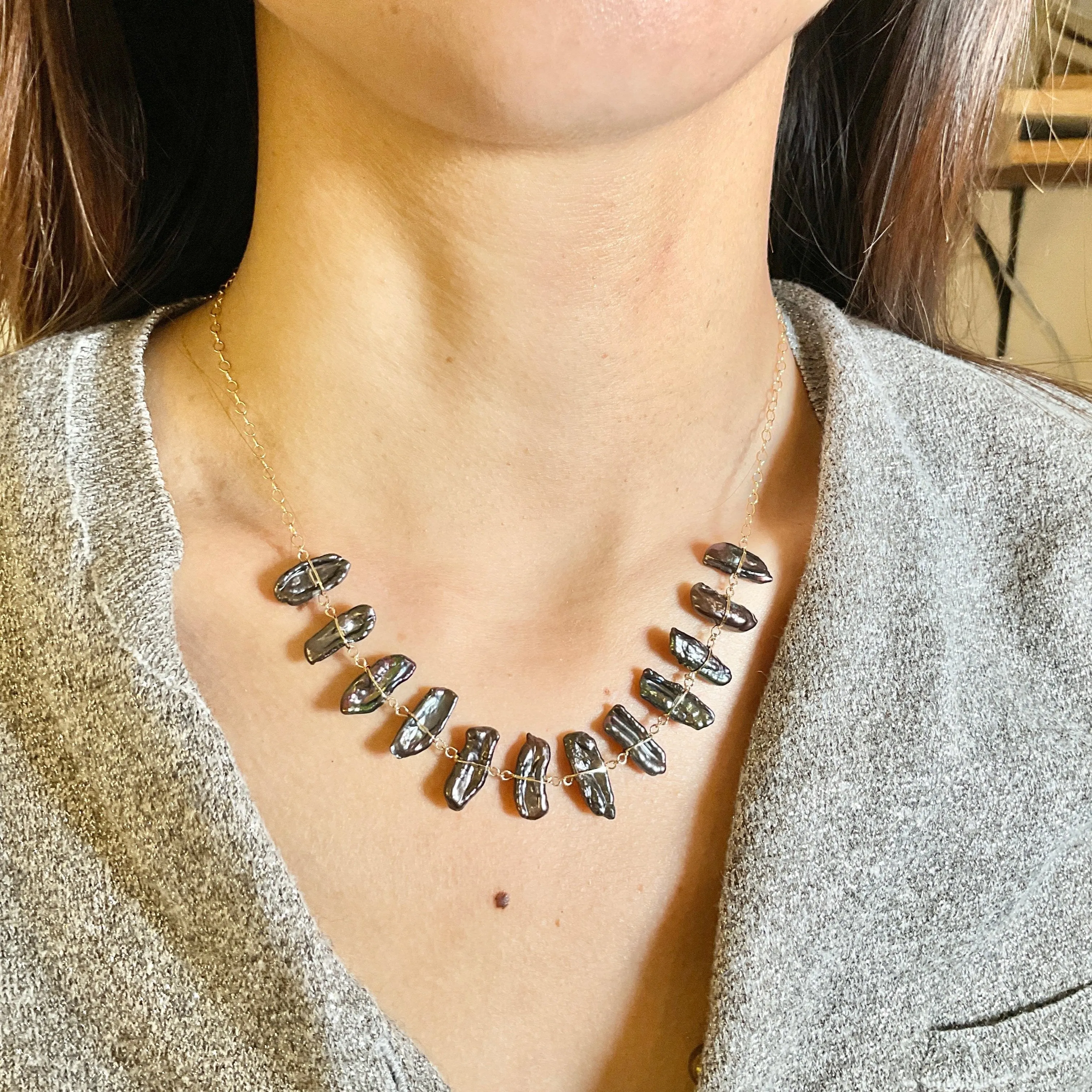 Gray Biwa Stick Pearls Necklace