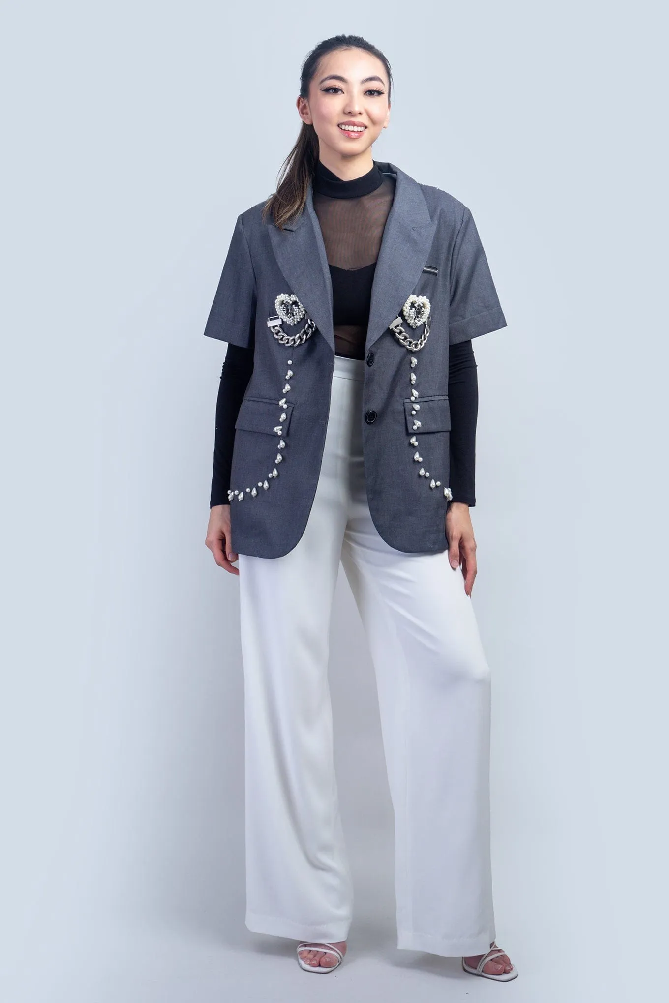 Grey White Crochet Heart Charm Jacket