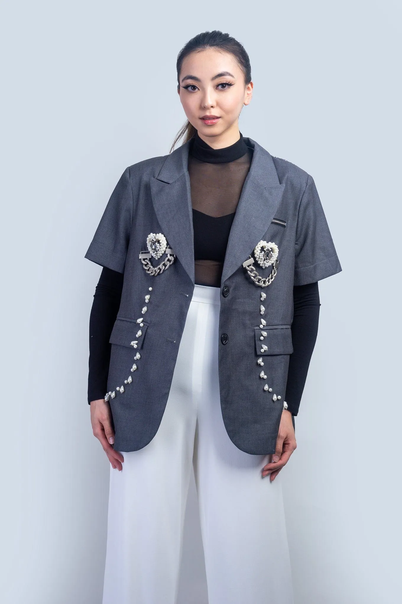 Grey White Crochet Heart Charm Jacket