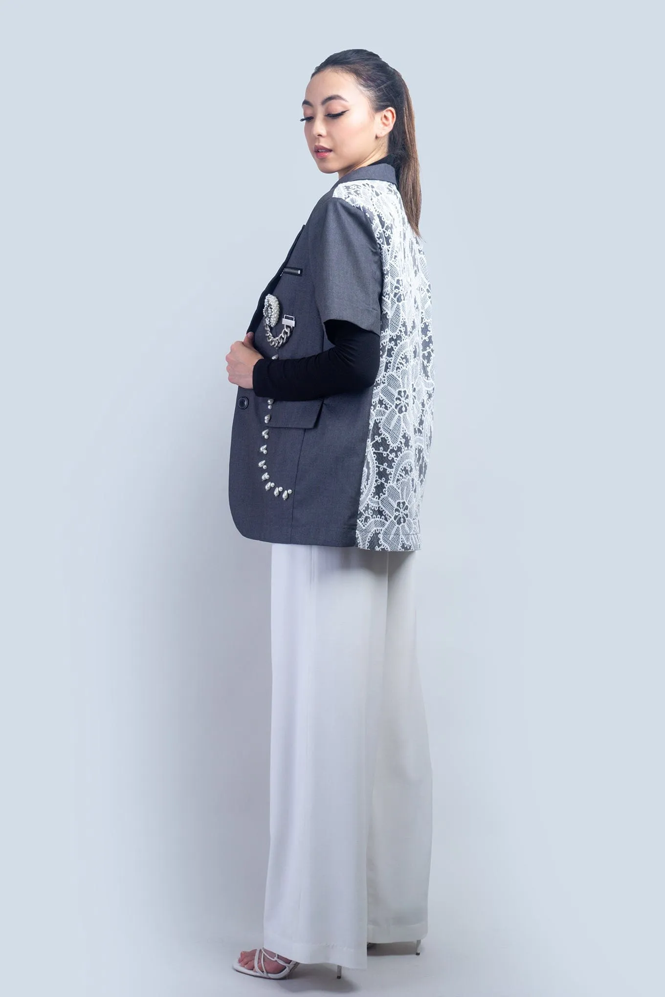 Grey White Crochet Heart Charm Jacket