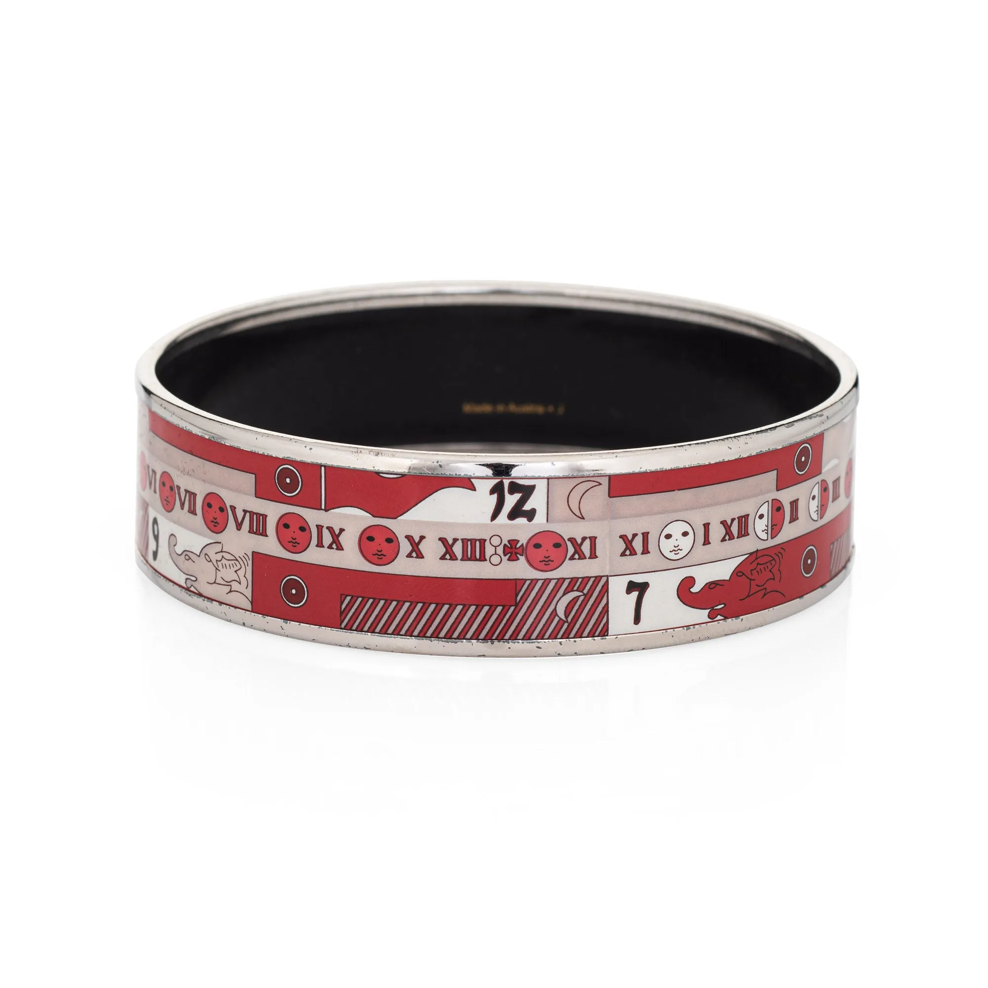 Hermes Enamel Bangle Bracelet Wide 65 GM Moon Phase Red White Pattern 2006