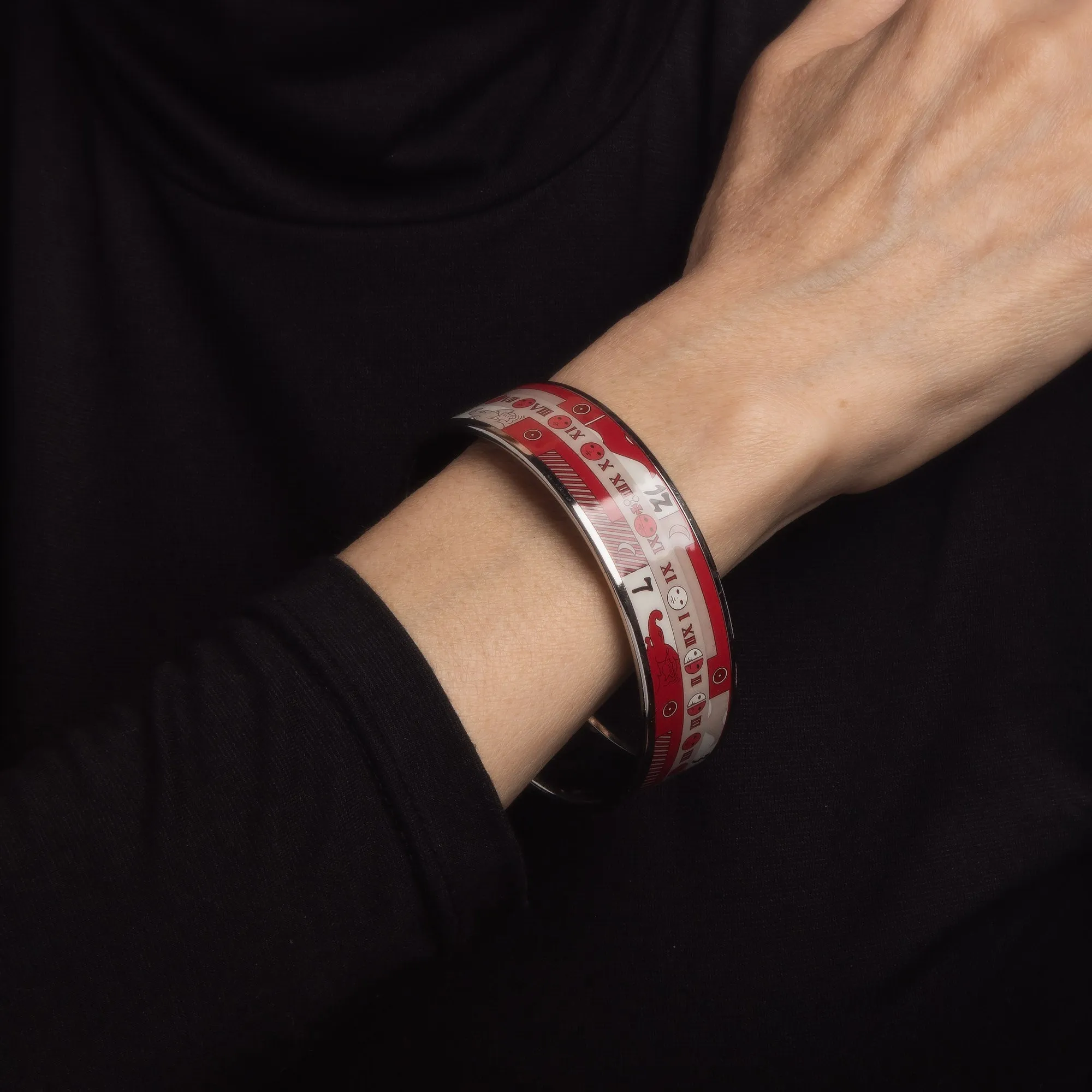 Hermes Enamel Bangle Bracelet Wide 65 GM Moon Phase Red White Pattern 2006