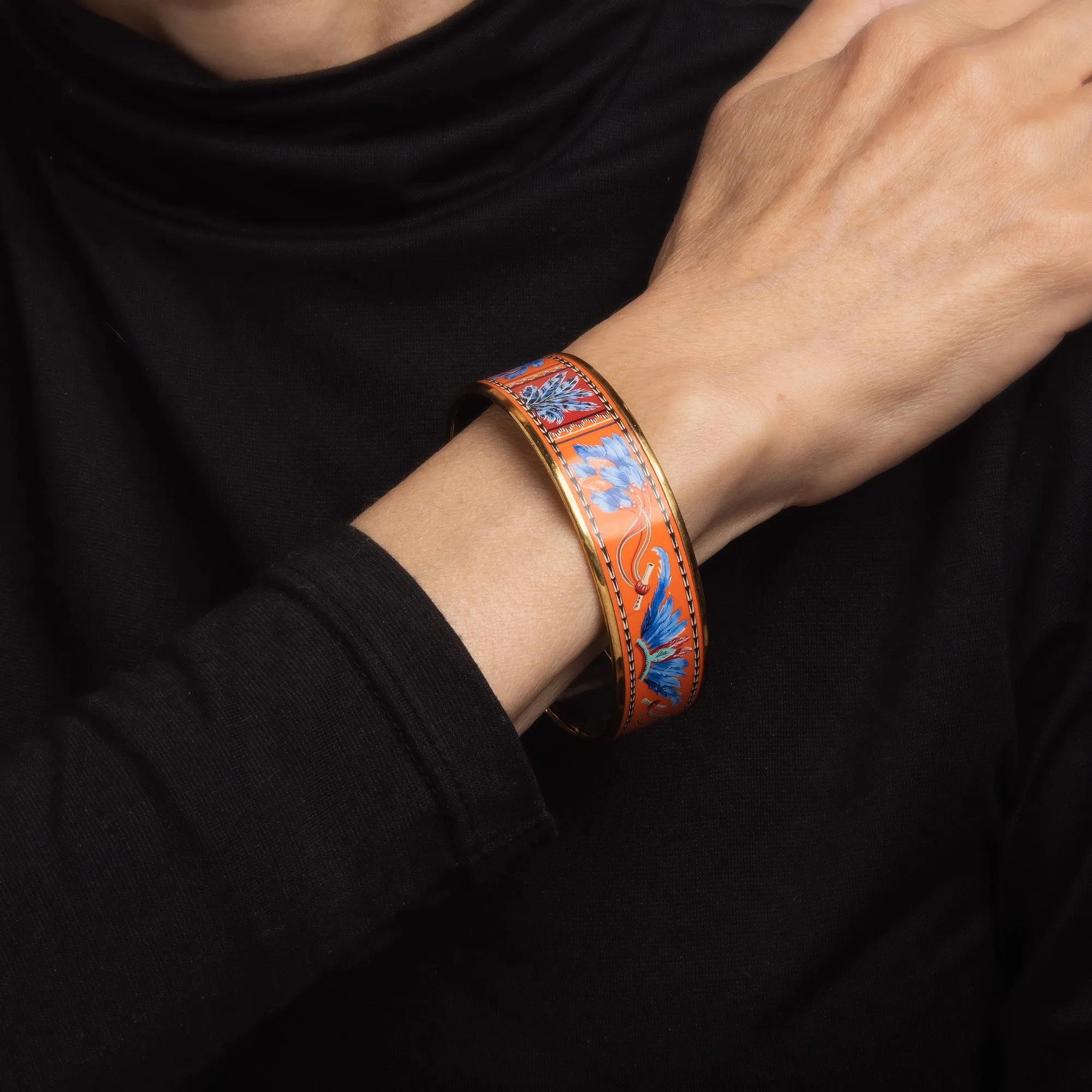 Hermes Enamel Bangle Bracelet Wide 65 PM Feather Pattern Blue Orange Turquoise