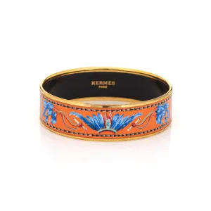 Hermes Enamel Bangle Bracelet Wide 65 PM Feather Pattern Blue Orange Turquoise