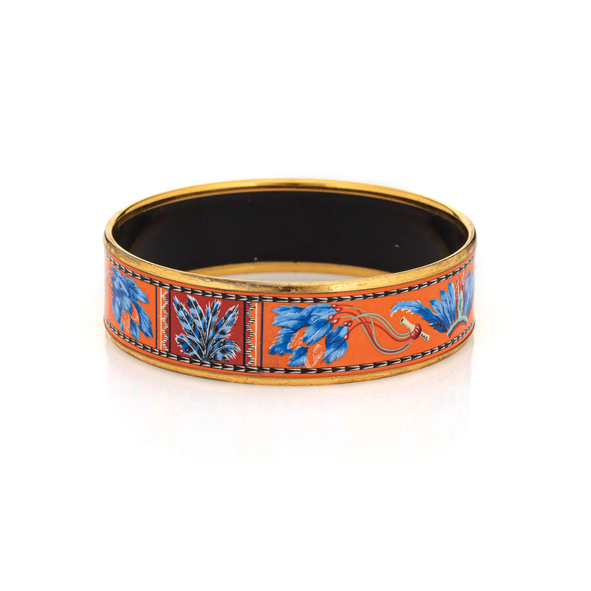 Hermes Enamel Bangle Bracelet Wide 65 PM Feather Pattern Blue Orange Turquoise