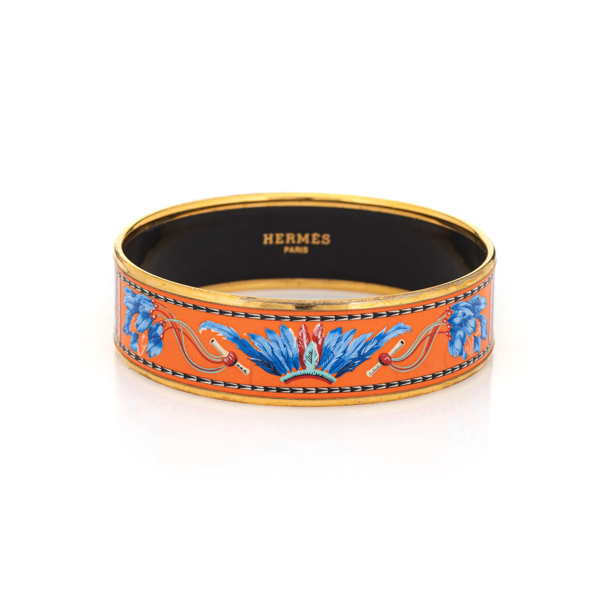 Hermes Enamel Bangle Bracelet Wide 65 PM Feather Pattern Blue Orange Turquoise
