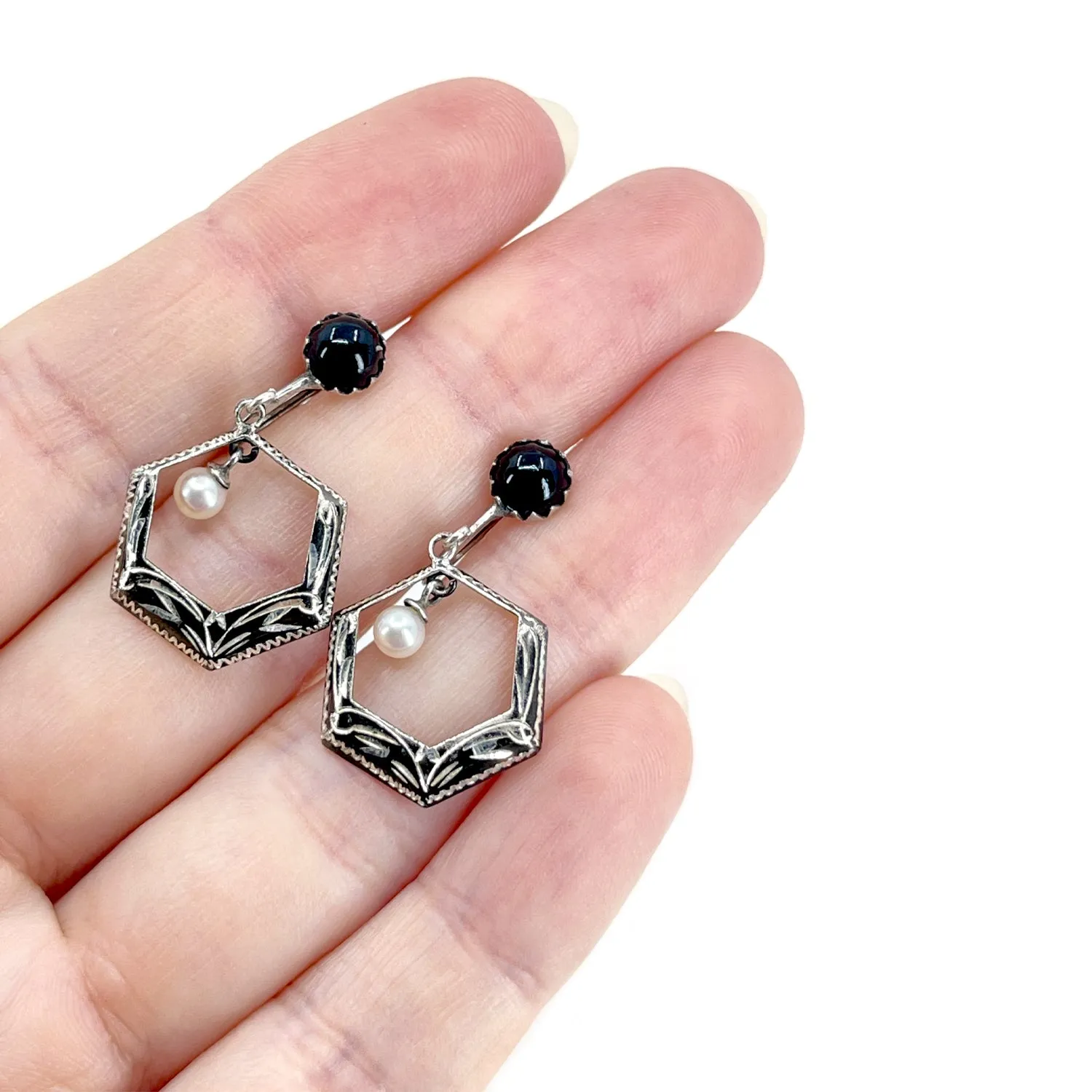 Hexagon Black Enamel Japan Akoya Saltwater Cultured Pearl Vintage Screwback Earrings- Sterling Silver