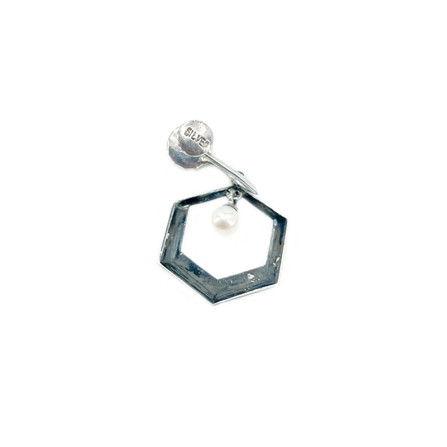 Hexagon Black Enamel Japan Akoya Saltwater Cultured Pearl Vintage Screwback Earrings- Sterling Silver