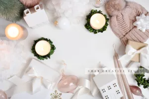 Holiday Styled Image with Trees, Gifts, Village Home & Ornaments