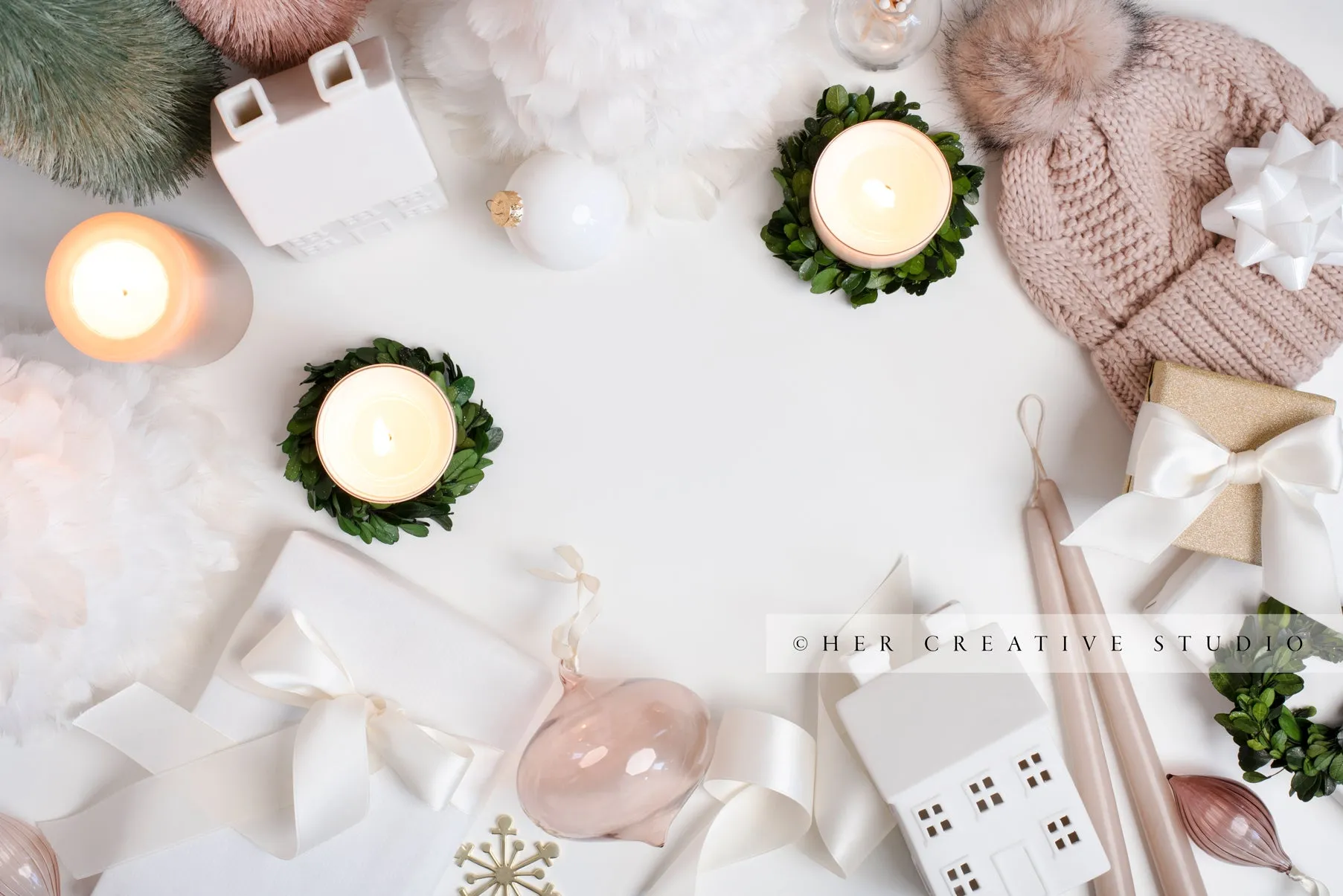 Holiday Styled Image with Trees, Gifts, Village Home & Ornaments