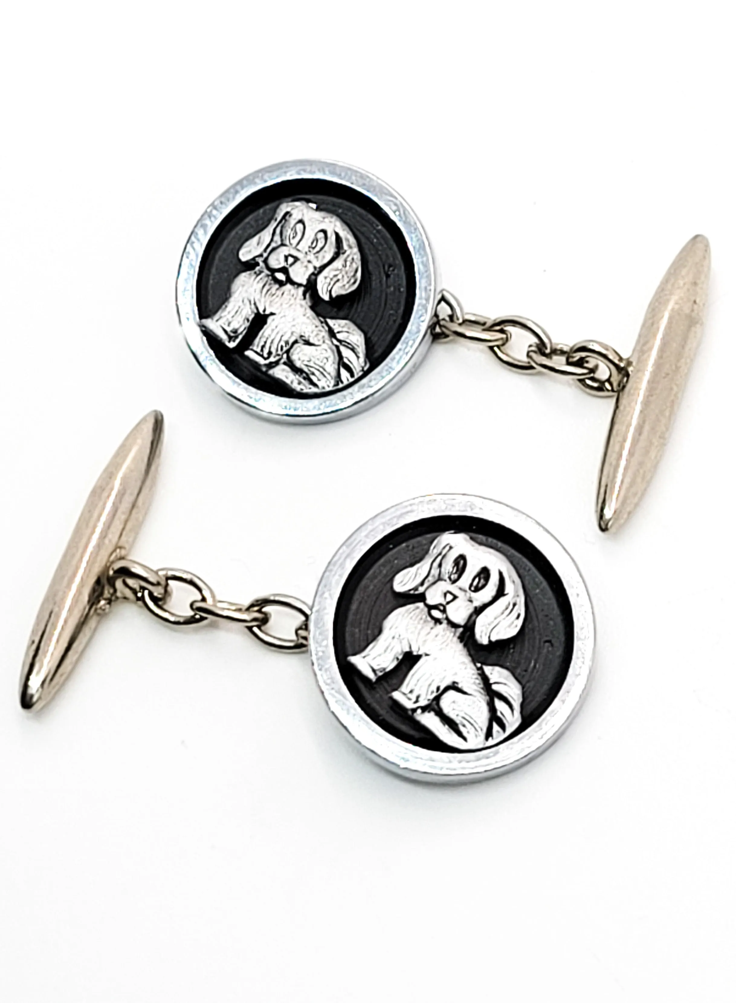 Hound dog puppy vintage black and silver toned vintage chain cuff links