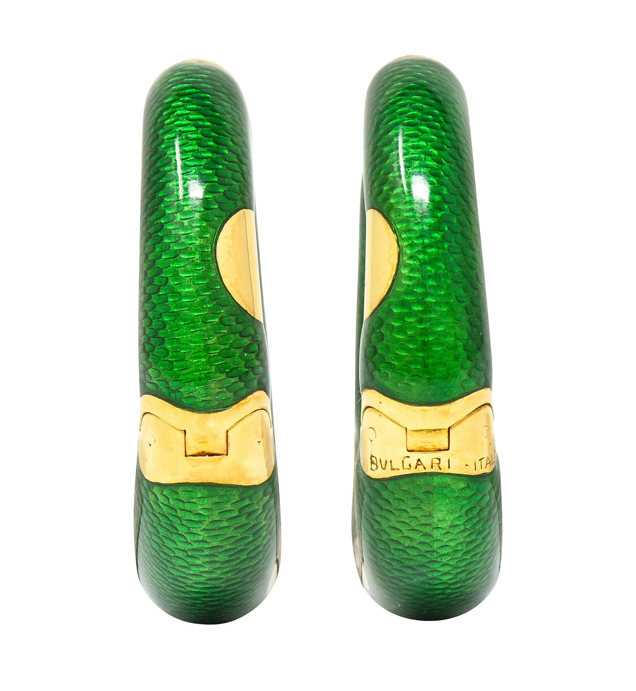 Large Bulgari 1970's Vintage Enamel 18 Karat Gold Hoop Ear-Clip Earrings