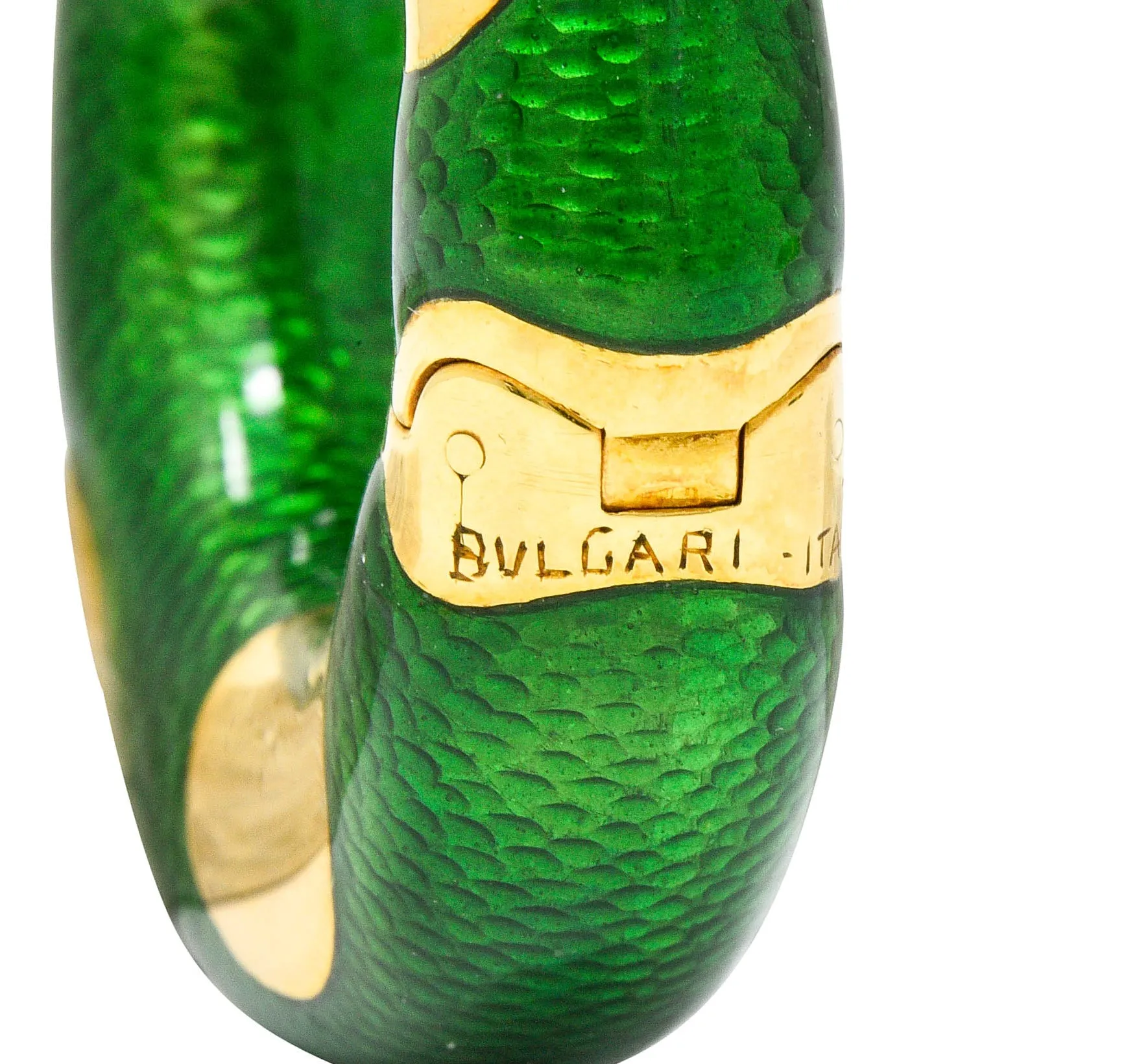 Large Bulgari 1970's Vintage Enamel 18 Karat Gold Hoop Ear-Clip Earrings