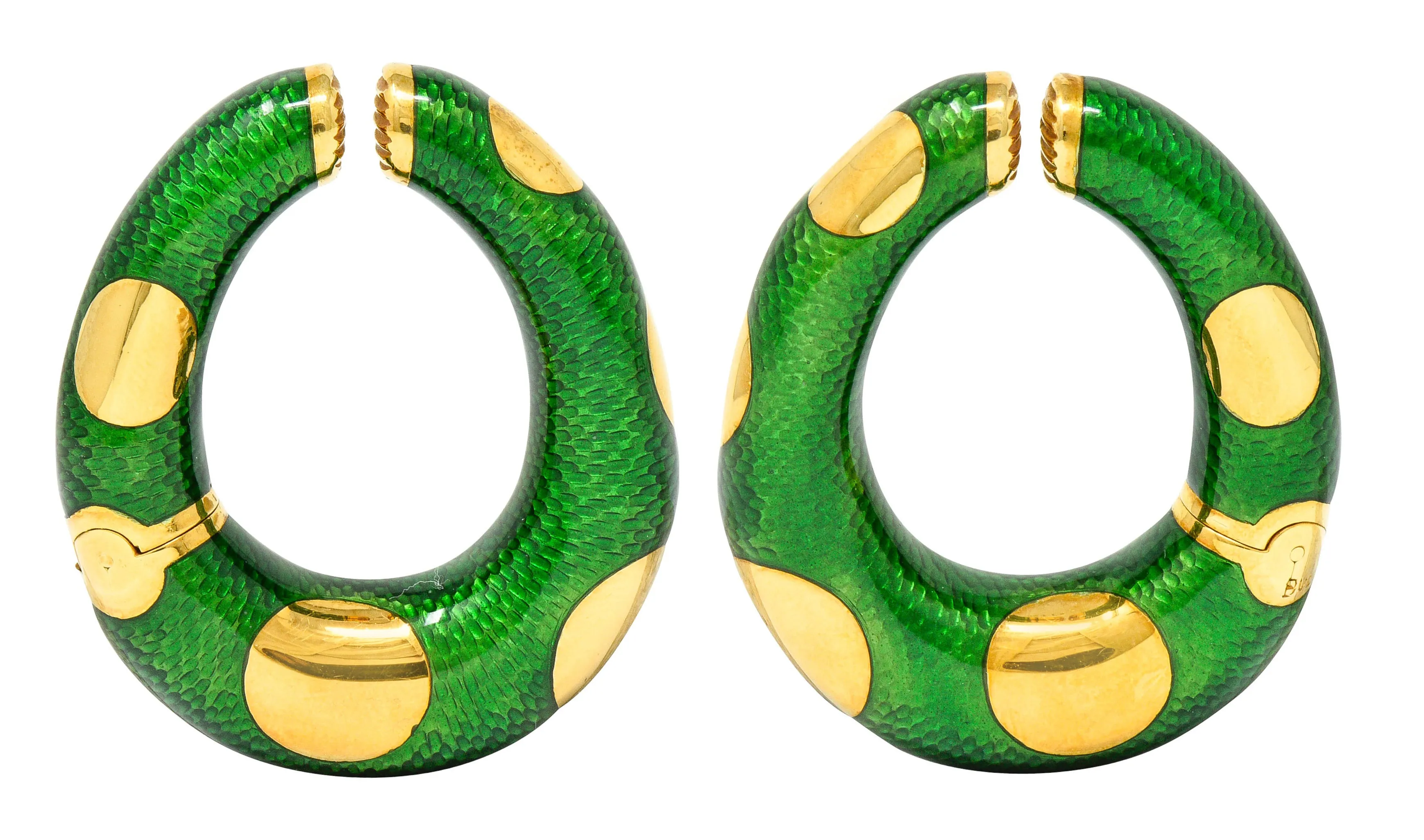 Large Bulgari 1970's Vintage Enamel 18 Karat Gold Hoop Ear-Clip Earrings