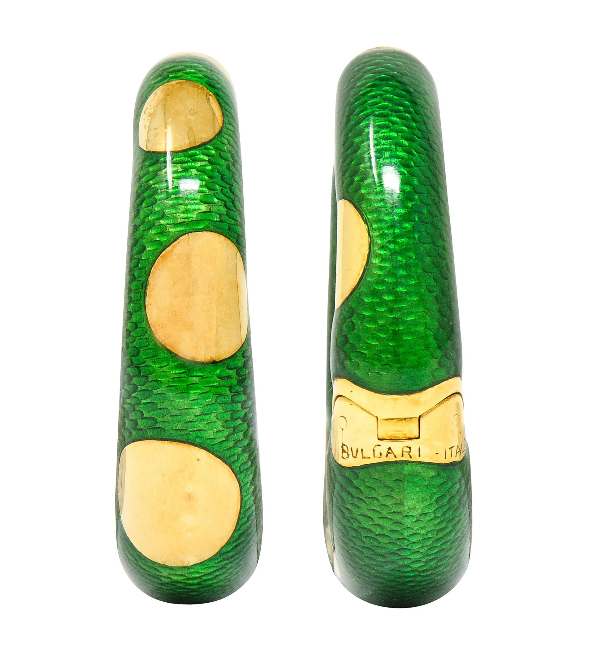 Large Bulgari 1970's Vintage Enamel 18 Karat Gold Hoop Ear-Clip Earrings