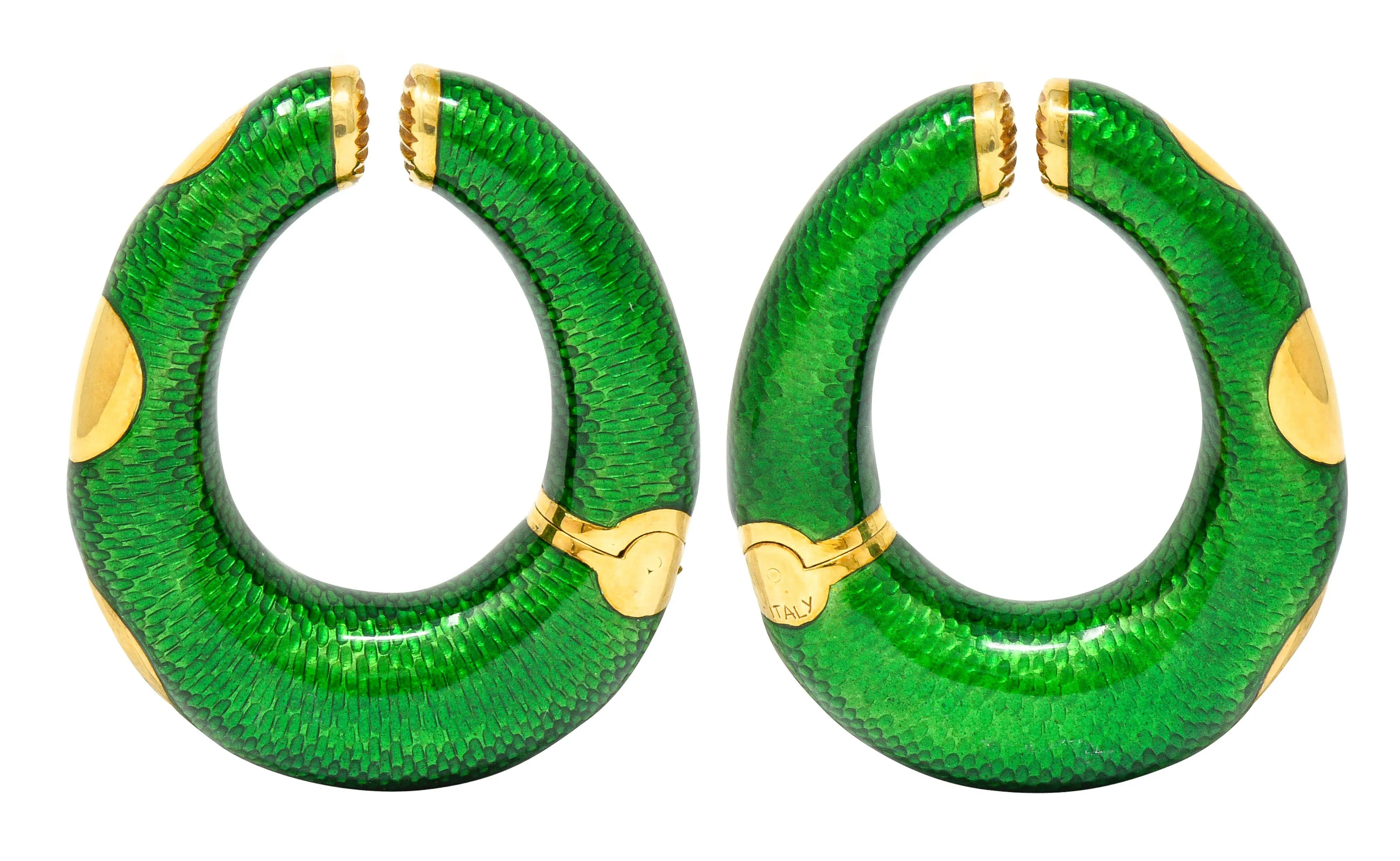 Large Bulgari 1970's Vintage Enamel 18 Karat Gold Hoop Ear-Clip Earrings