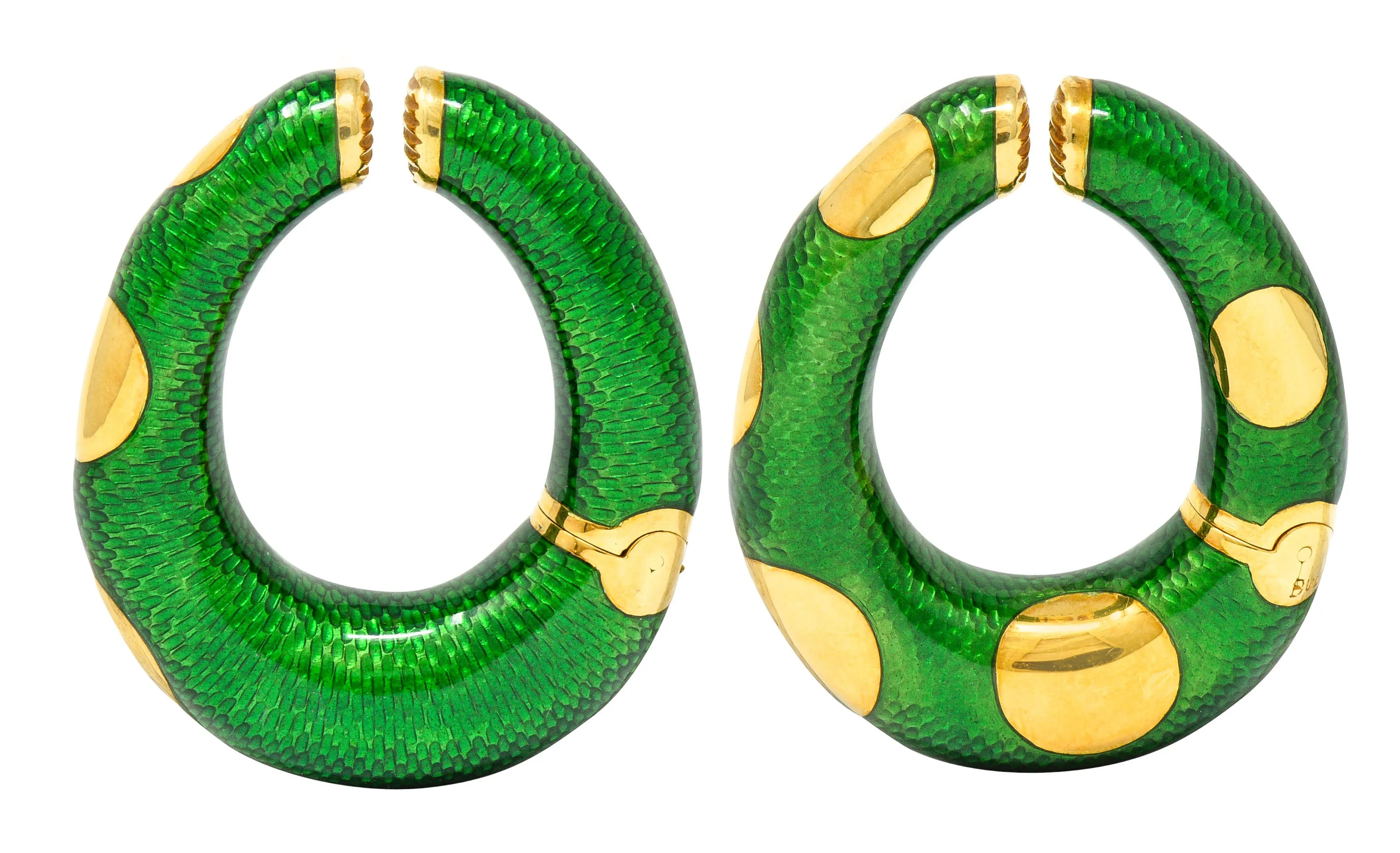 Large Bulgari 1970's Vintage Enamel 18 Karat Gold Hoop Ear-Clip Earrings