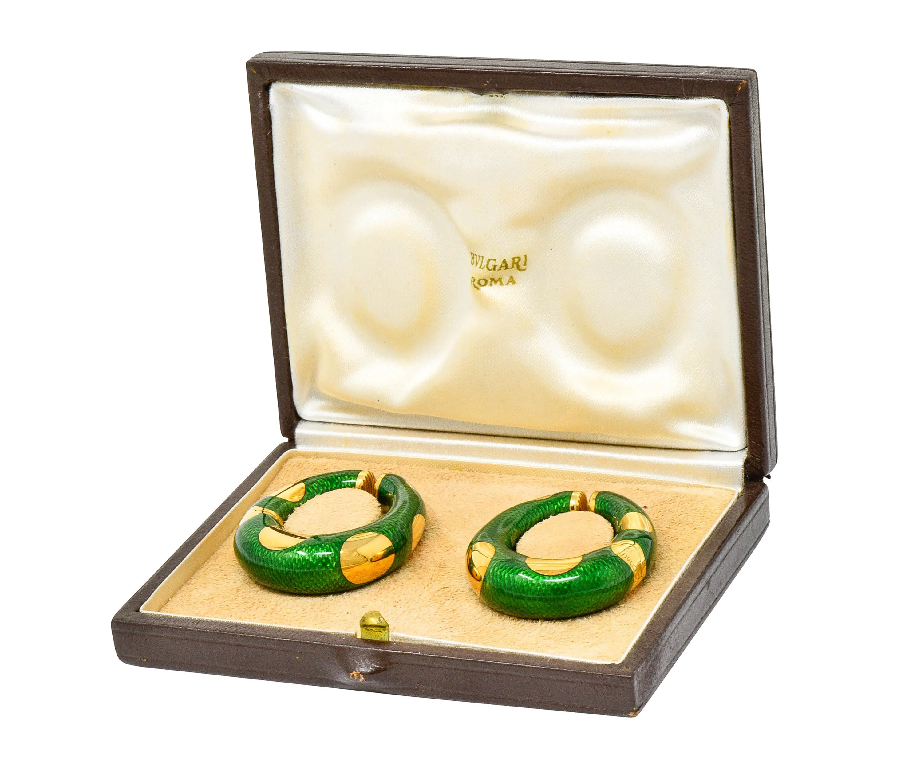 Large Bulgari 1970's Vintage Enamel 18 Karat Gold Hoop Ear-Clip Earrings