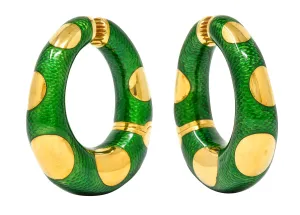 Large Bulgari 1970's Vintage Enamel 18 Karat Gold Hoop Ear-Clip Earrings