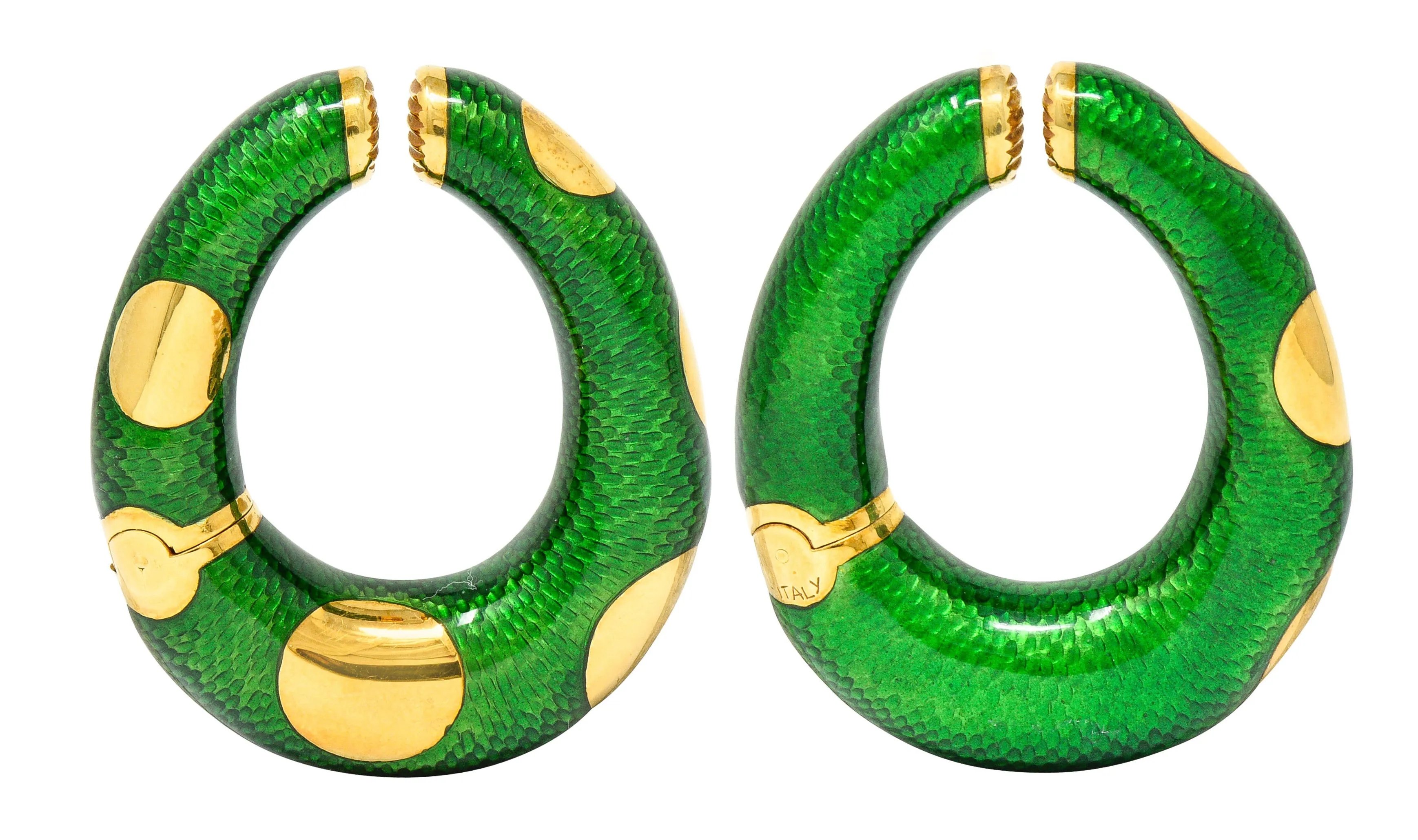 Large Bulgari 1970's Vintage Enamel 18 Karat Gold Hoop Ear-Clip Earrings