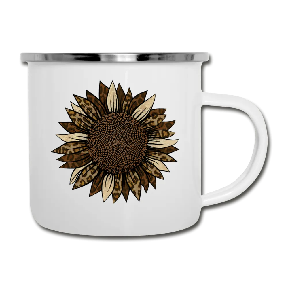 Leopard Print Sunflower on White Enamel Camping Mug