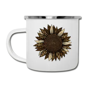 Leopard Print Sunflower on White Enamel Camping Mug