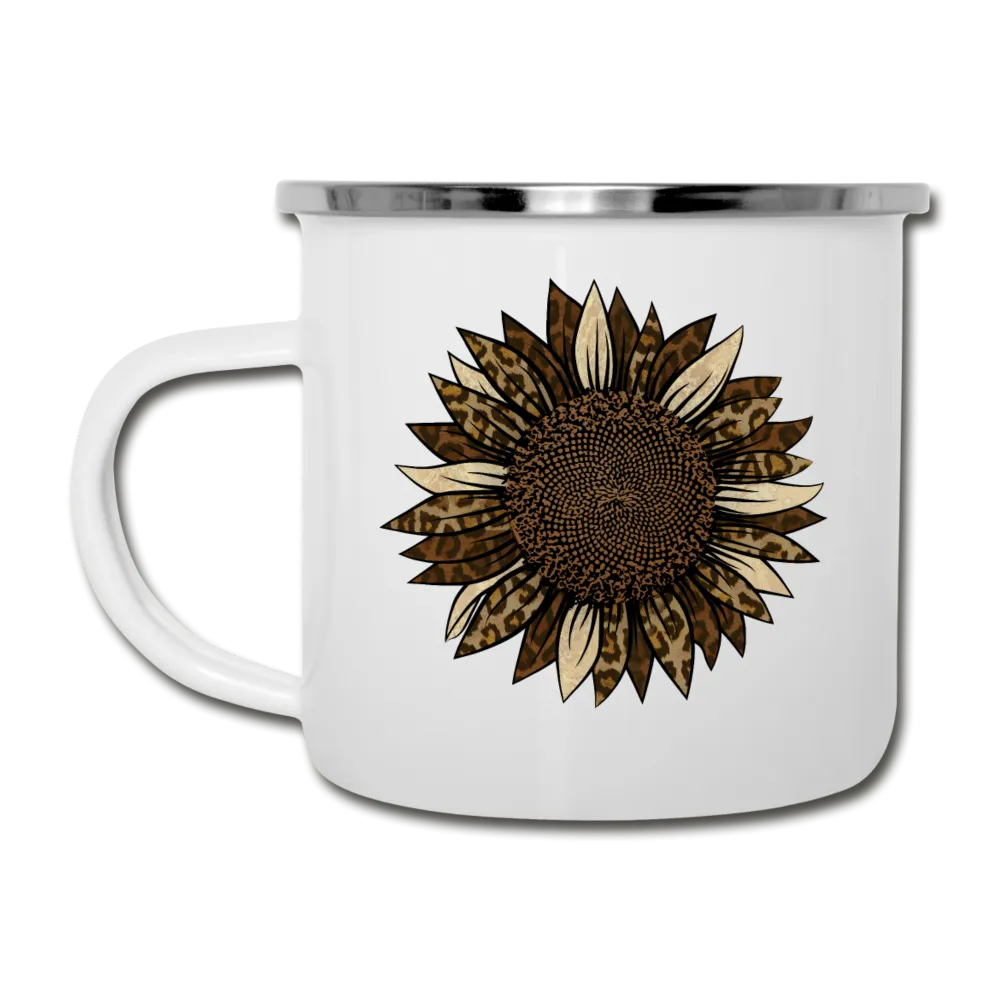Leopard Print Sunflower on White Enamel Camping Mug