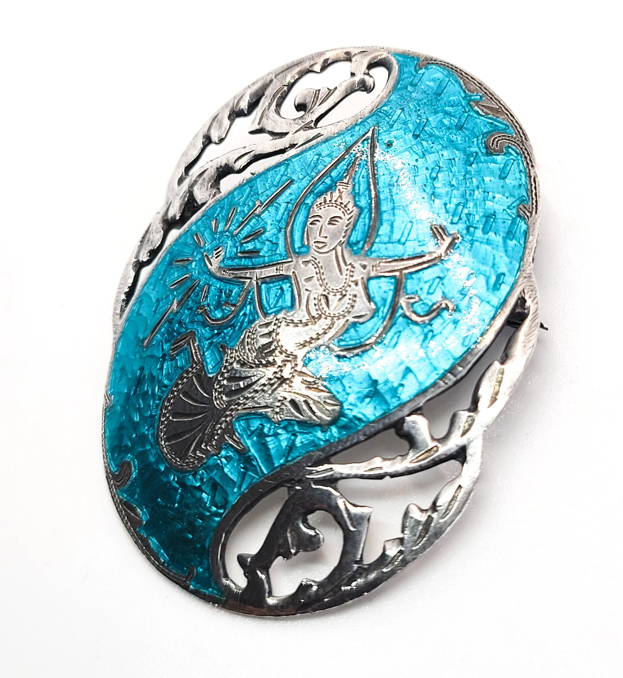 Maleka lightning goddess Siam sterling silver aqua blue enamel vintage brooch