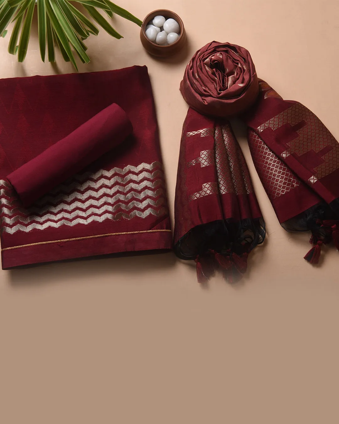 Maroon Chanderi Silk Woven Unstitched Suit Fabric Set With Chanderi Silk Dupatta