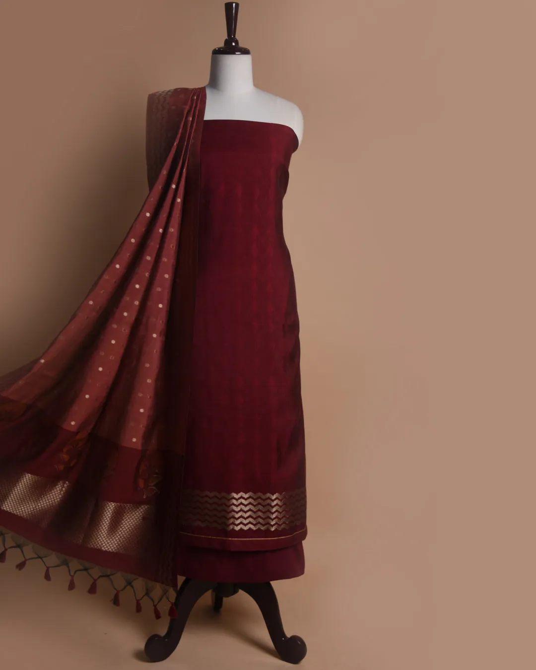 Maroon Chanderi Silk Woven Unstitched Suit Fabric Set With Chanderi Silk Dupatta