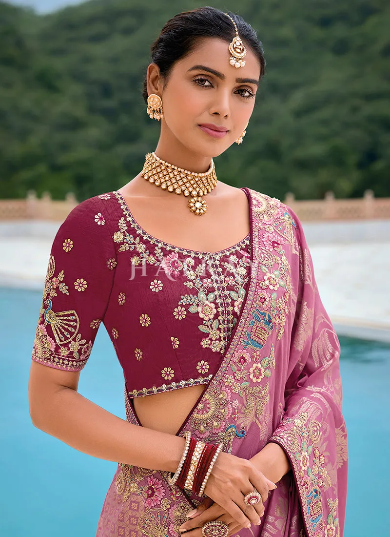 Mauve Purple And Wine Floral Embroidery Saree