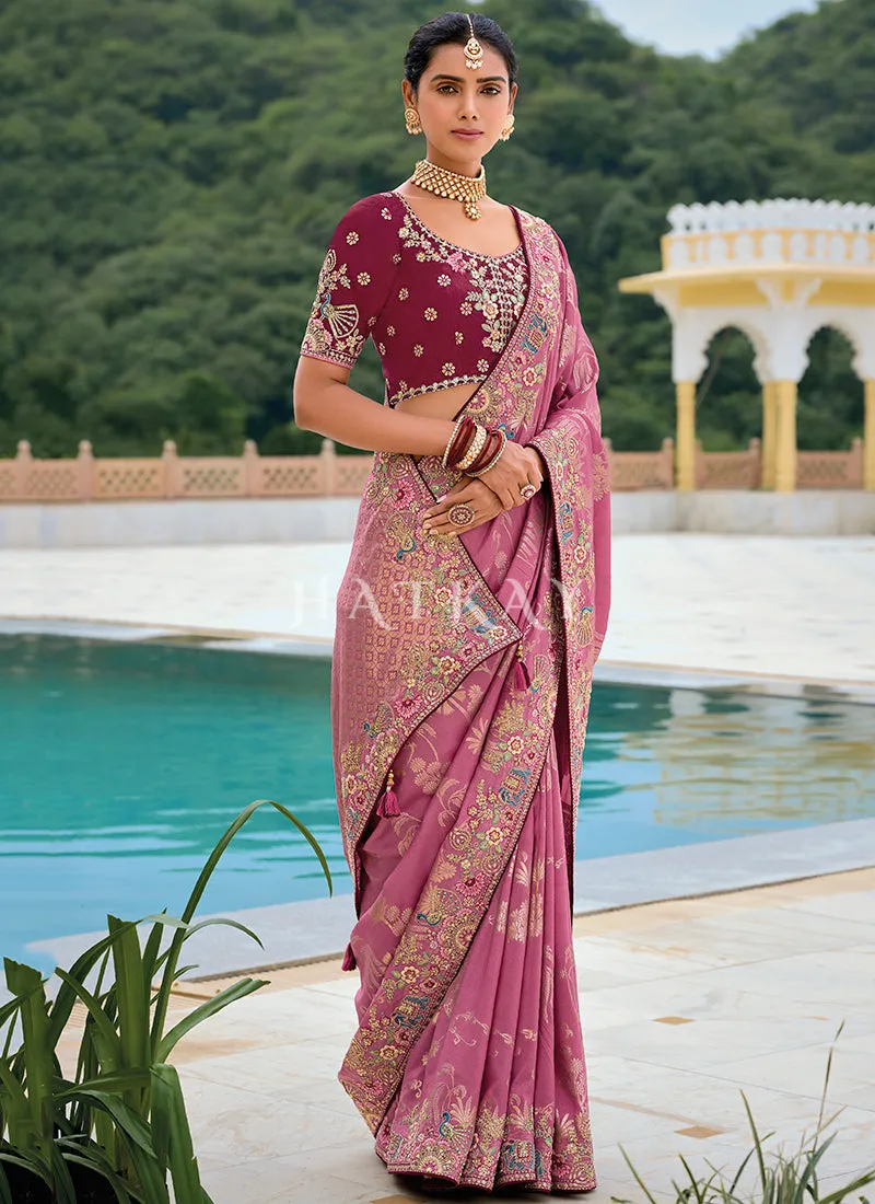 Mauve Purple And Wine Floral Embroidery Saree
