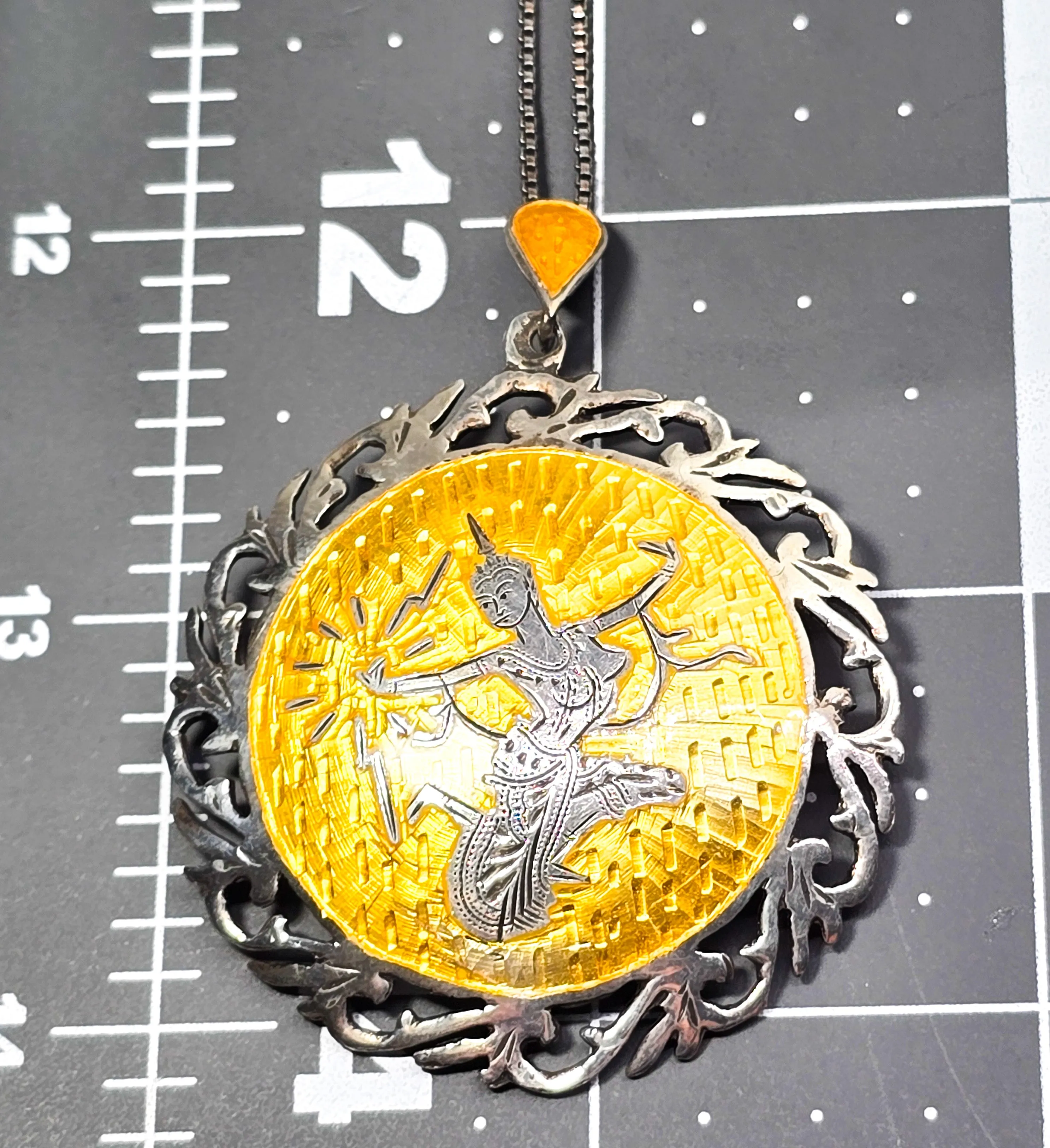 Mekkala goddess of lightening Yellow Nielloware sterling silver vintage pendant necklace