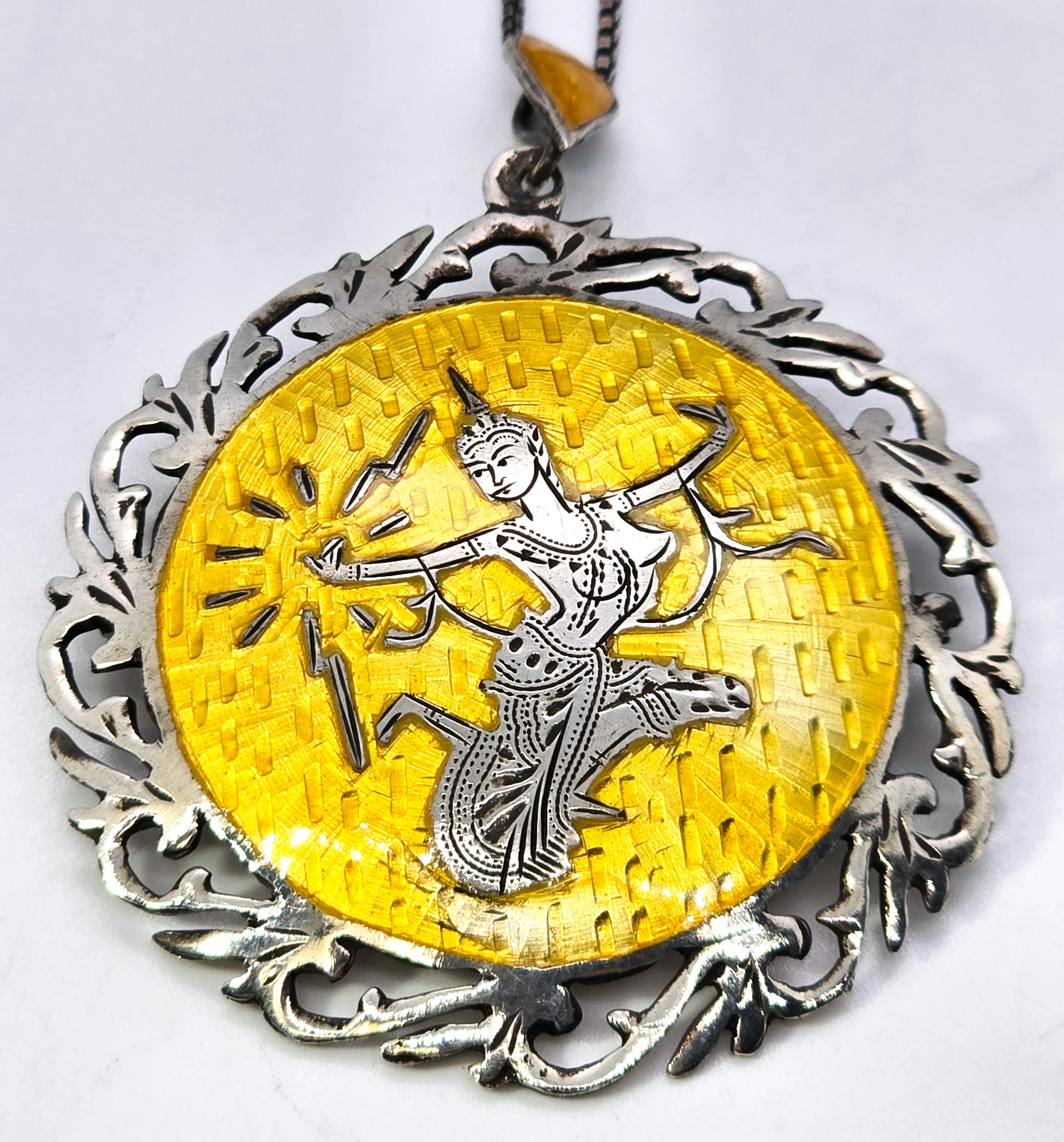 Mekkala goddess of lightening Yellow Nielloware sterling silver vintage pendant necklace
