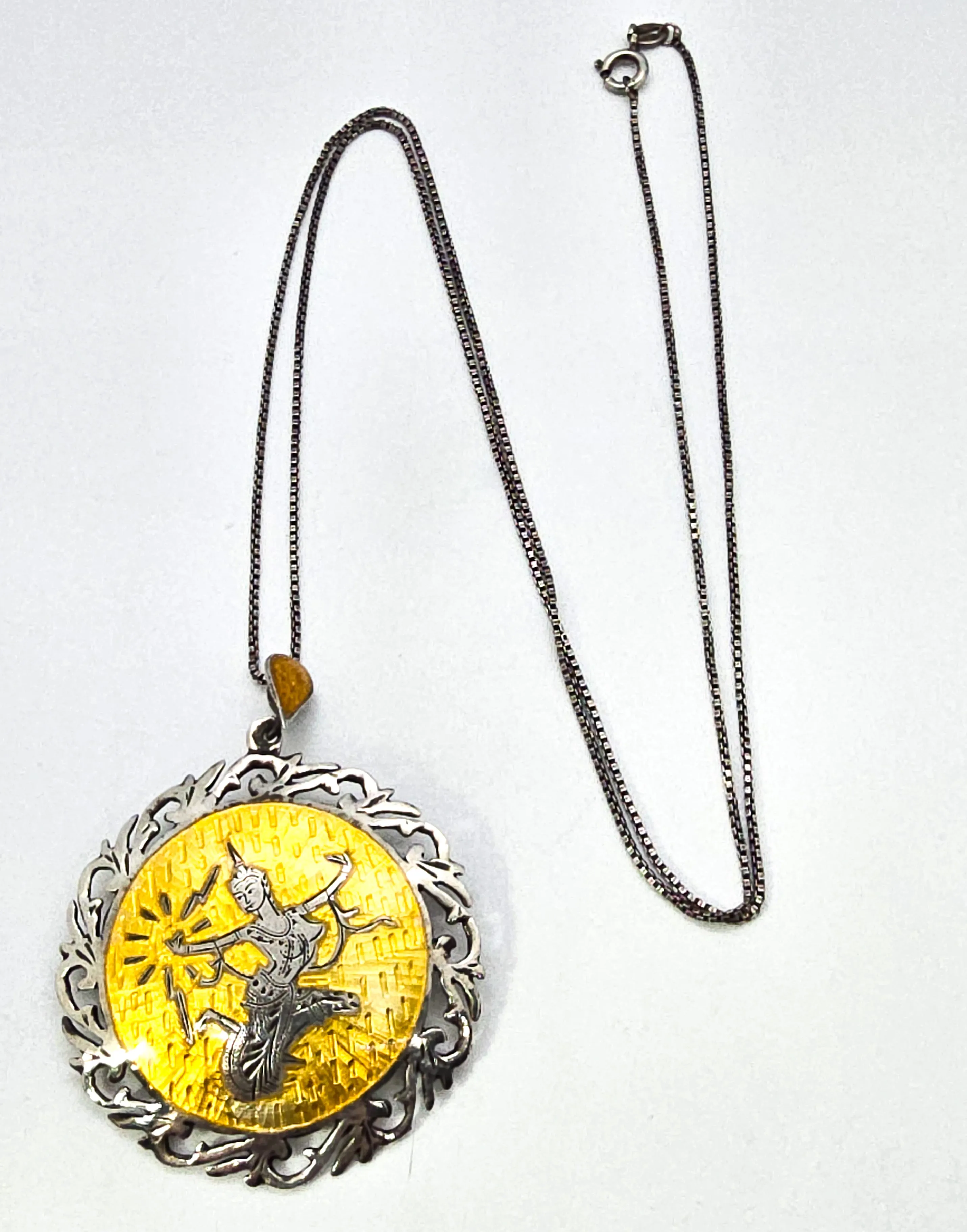 Mekkala goddess of lightening Yellow Nielloware sterling silver vintage pendant necklace