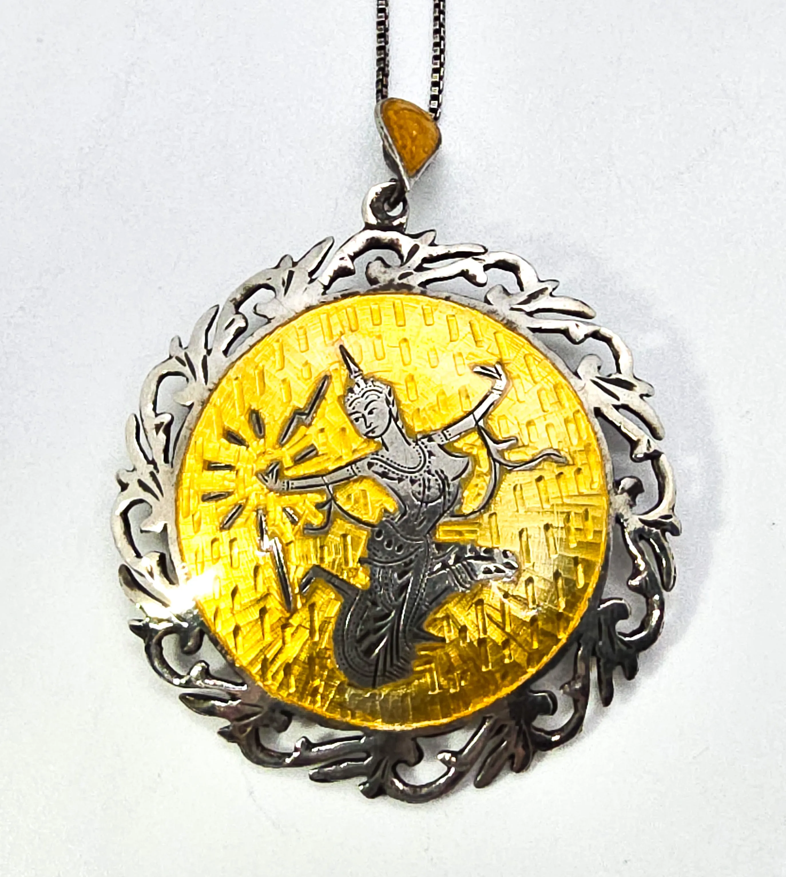 Mekkala goddess of lightening Yellow Nielloware sterling silver vintage pendant necklace