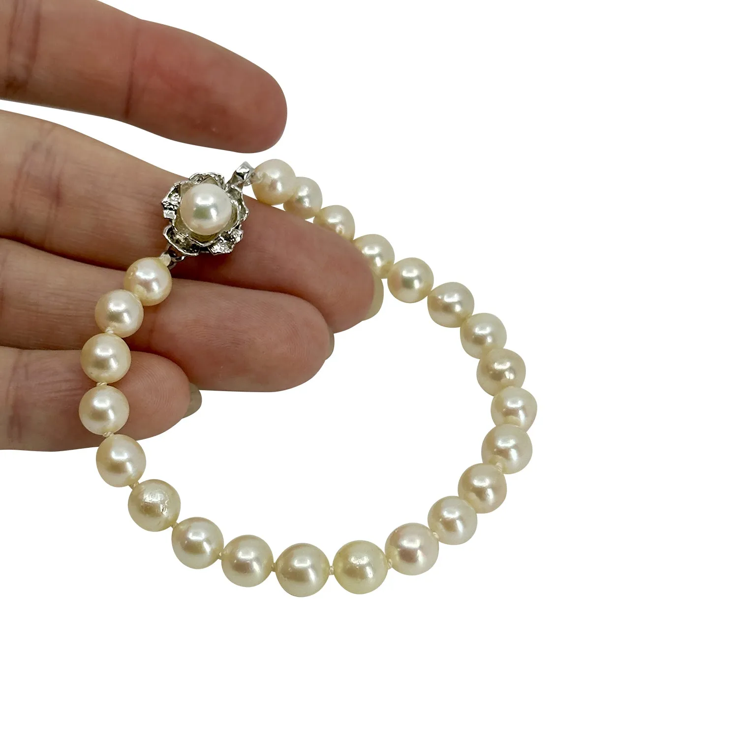 Mid Century Floral Japanese Saltwater Akoya Cultured Pearl Bracelet- German Silver 7.25 Inch