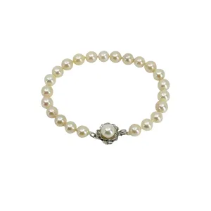 Mid Century Floral Japanese Saltwater Akoya Cultured Pearl Bracelet- German Silver 7.25 Inch