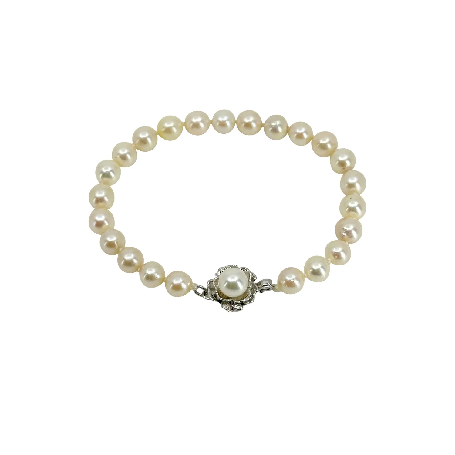 Mid Century Floral Japanese Saltwater Akoya Cultured Pearl Bracelet- German Silver 7.25 Inch