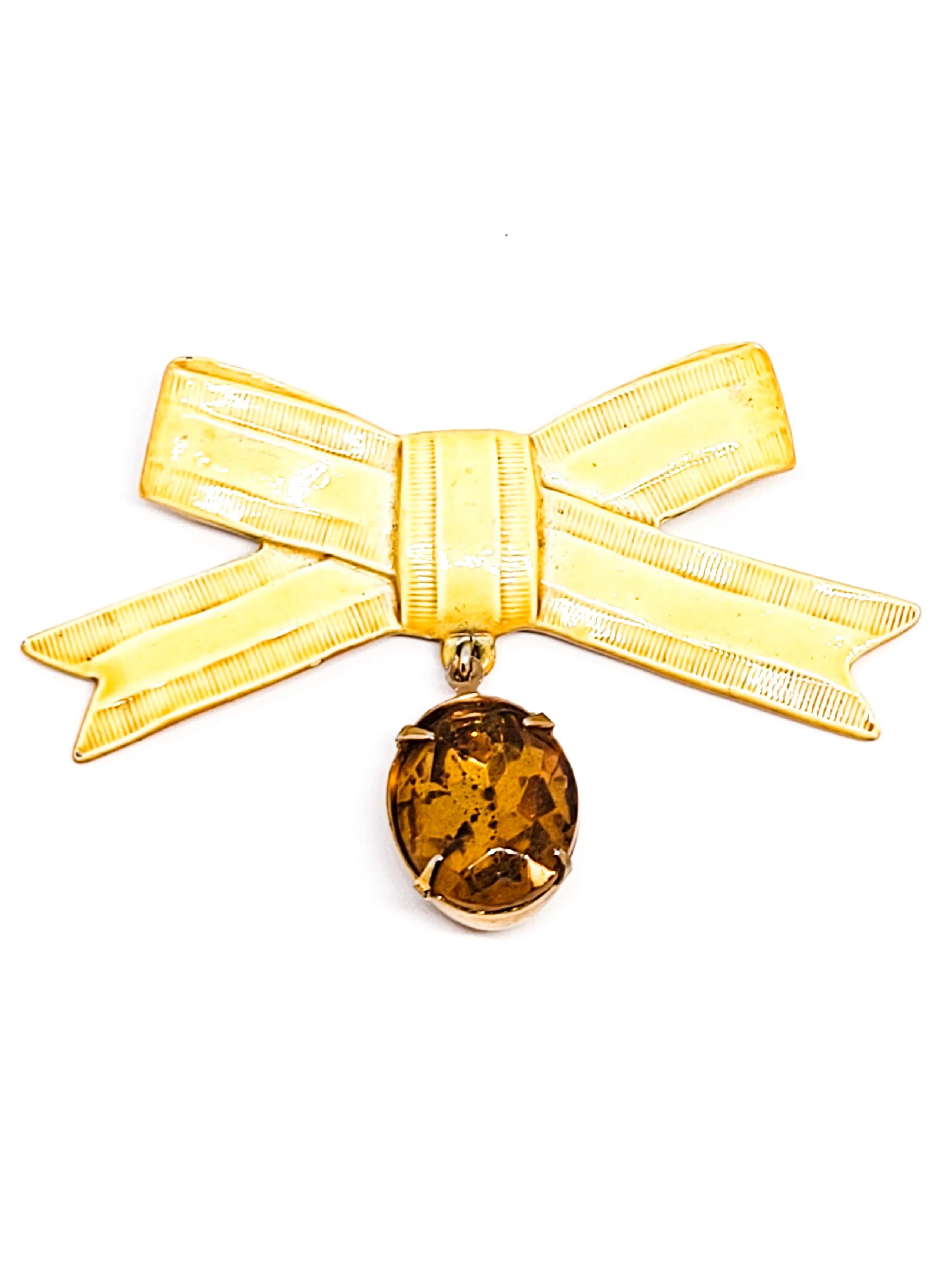 Mid century yellow enamel bow and topaz paste rhinestone vintage brooch