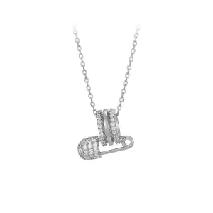 Modern Design Cz Diamond Safety Pin Rhodium Plated Necklace